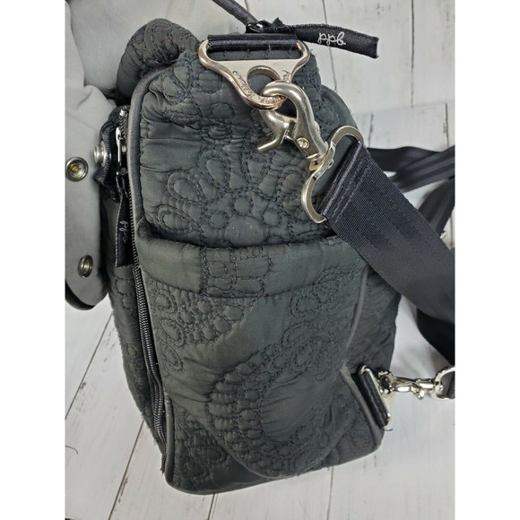 Petunia Pickle Bottom Diaper Bag Cross Body Backpack Quilted Black Floral Design - Picture 4 of 12